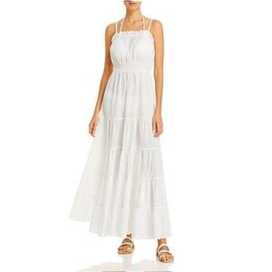 NWT Aqua Swim Cotton Tiered Maxi Dress Swimsuit Cover Up  sz S White